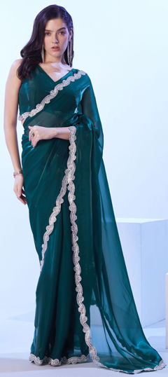 Blue color Saree in Satin Silk fabric with Lace work