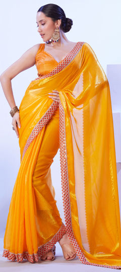 Yellow color Saree in Satin Silk fabric with Lace work