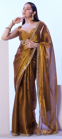 Gold color Saree in Satin Silk fabric with Lace work