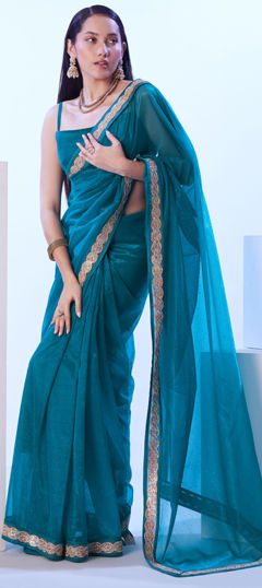 Blue color Saree in Net fabric with Lace work