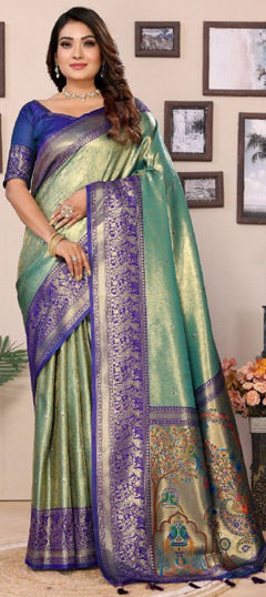 Green color Saree in Banarasi Silk fabric with Weaving, Zari work