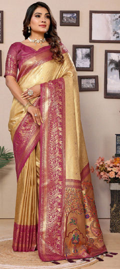 White and Off White color Saree in Banarasi Silk fabric with Weaving, Zari work