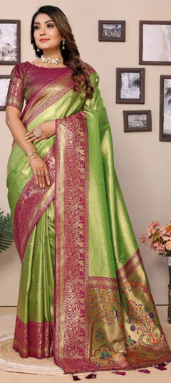 Green color Saree in Banarasi Silk fabric with Weaving, Zari work