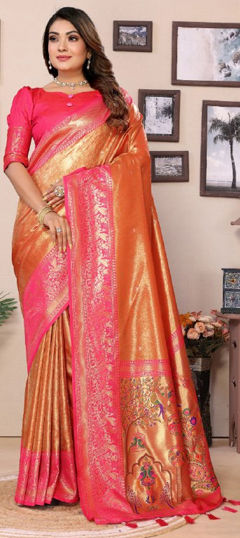 Orange color Saree in Banarasi Silk fabric with Weaving, Zari work