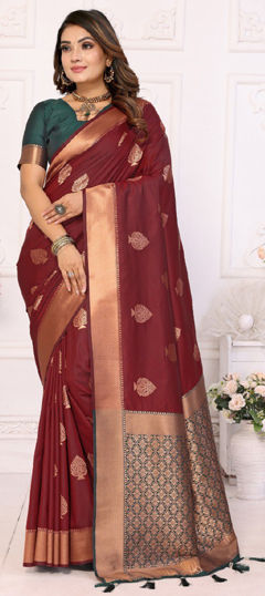 Red and Maroon color Saree in Art Silk fabric with Weaving, Zari work