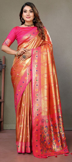 Orange color Saree in Banarasi Silk fabric with Weaving, Zari work