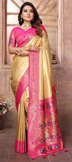 Beige and Brown color Saree in Banarasi Silk fabric with Weaving work