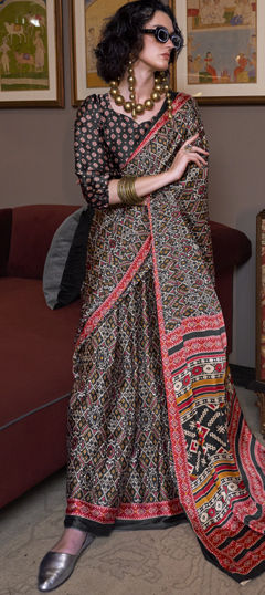 Beige and Brown color Saree in Satin Silk fabric with Printed work