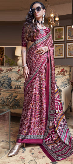 Red and Maroon color Saree in Satin Silk fabric with Printed work