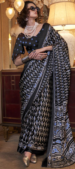 Black and Grey color Saree in Satin Silk fabric with Printed work