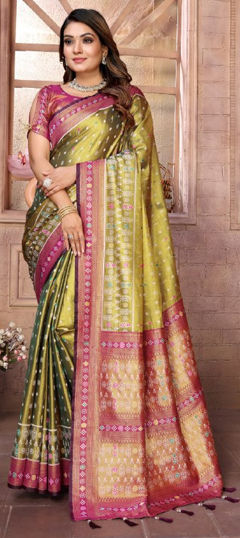 Green color Saree in Banarasi Silk fabric with Weaving, Zari work