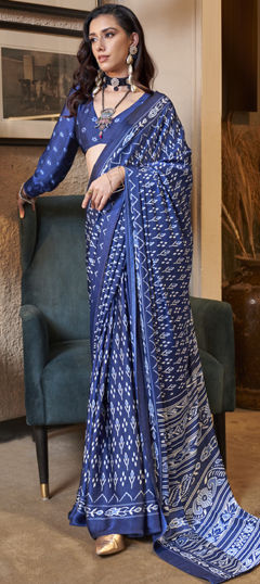 Blue color Saree in Satin Silk fabric with Printed work