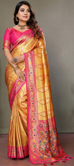 Yellow color Saree in Banarasi Silk fabric with Weaving, Zari work