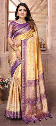 White and Off White color Saree in Banarasi Silk fabric with Weaving, Zari work