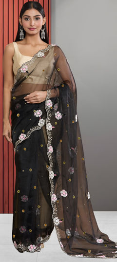 Black and Grey color Saree in Tissue fabric with Bugle Beads, Cut Dana, Thread work