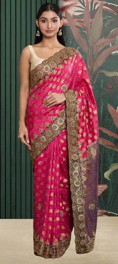 Pink and Majenta color Saree in Kanjeevaram Silk fabric with Cut Dana, Stone, Weaving work