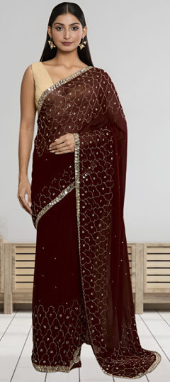 Beige and Brown color Saree in Georgette fabric with Cut Dana, Mirror work