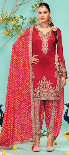 Red and Maroon color Salwar Kameez in Silk fabric with Embroidered, Sequence, Stone, Thread, Zari work