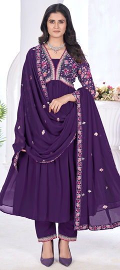 Purple and Violet color Salwar Kameez in Georgette fabric with Embroidered, Floral, Printed, Sequence work