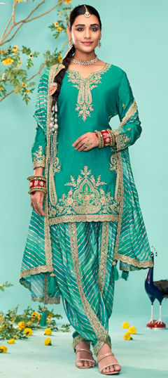 Green color Salwar Kameez in Silk fabric with Embroidered, Sequence, Stone, Thread, Zari work