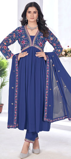 Blue color Salwar Kameez in Georgette fabric with Embroidered, Floral, Printed, Sequence work