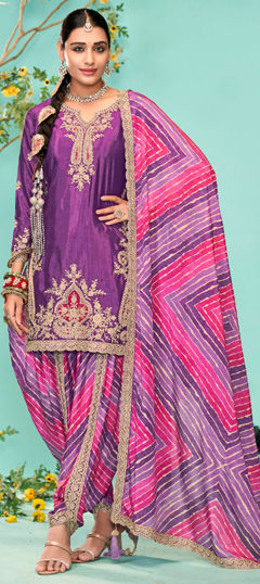 Purple and Violet color Salwar Kameez in Silk fabric with Embroidered, Sequence, Stone, Thread, Zari work