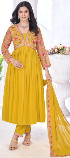 Yellow color Salwar Kameez in Georgette fabric with Embroidered, Floral, Printed, Sequence work