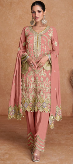 Pink and Majenta color Salwar Kameez in Silk fabric with Embroidered, Mirror, Sequence, Thread, Zari work