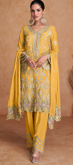 Yellow color Salwar Kameez in Silk fabric with Embroidered, Mirror, Sequence, Thread, Zari work