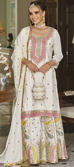 White and Off White color Salwar Kameez in Silk fabric with Embroidered, Sequence, Thread, Zari work