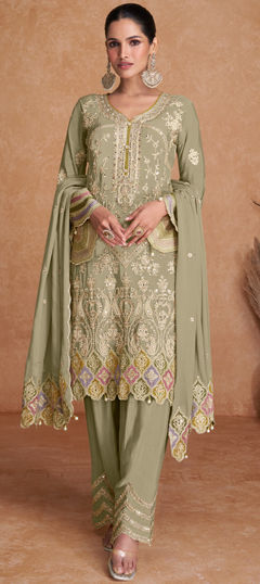 Green color Salwar Kameez in Silk fabric with Embroidered, Mirror, Sequence, Thread, Zari work