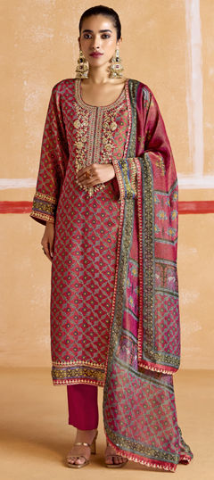 Pink and Majenta color Salwar Kameez in Muslin fabric with Digital Print, Embroidered, Thread, Zari work