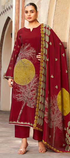 Red and Maroon color Salwar Kameez in Viscose fabric with Digital Print, Embroidered, Foil Print work