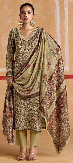 Beige and Brown color Salwar Kameez in Muslin fabric with Digital Print, Embroidered, Thread, Zari work