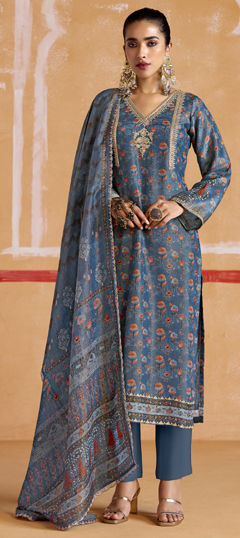 Blue color Salwar Kameez in Muslin fabric with Digital Print, Embroidered, Thread, Zari work