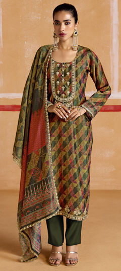 Multicolor color Salwar Kameez in Muslin fabric with Digital Print, Embroidered, Thread, Zari work