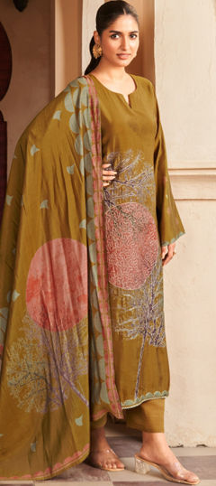 Beige and Brown color Salwar Kameez in Viscose fabric with Digital Print, Embroidered, Foil Print work