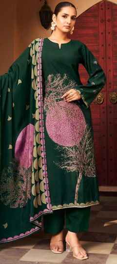 Green color Salwar Kameez in Viscose fabric with Digital Print, Embroidered, Foil Print work