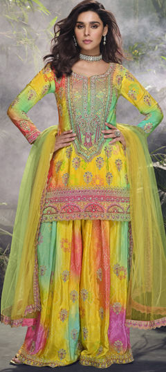 Multicolor color Salwar Kameez in Silk fabric with Embroidered, Mirror, Printed, Thread, Zari work