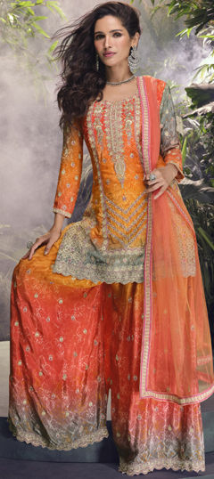 Orange, Pink and Majenta color Salwar Kameez in Silk fabric with Embroidered, Mirror, Printed, Thread, Zari work