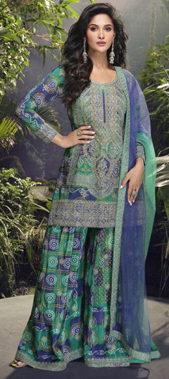 Blue, Green color Salwar Kameez in Silk fabric with Bandhej, Embroidered, Printed, Sequence, Thread, Zari work