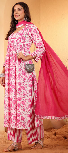 Purple and Violet, White and Off White color Salwar Kameez in Cotton fabric with Floral, Printed work