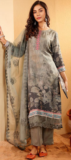 Black and Grey color Salwar Kameez in Art Silk fabric with Embroidered, Printed work