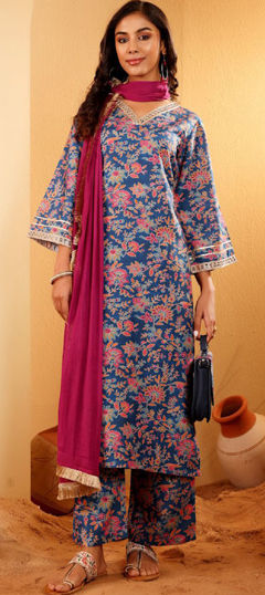 Blue color Salwar Kameez in Rayon fabric with Floral, Gota Patti, Printed work