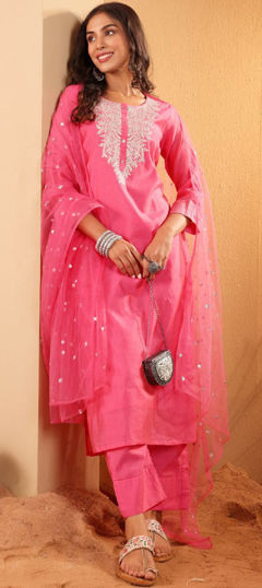 Pink and Majenta color Salwar Kameez in Chanderi Silk fabric with Embroidered, Thread work