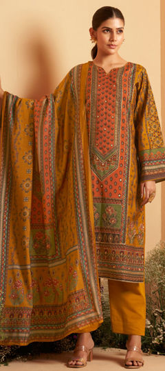 Orange, Yellow color Salwar Kameez in Muslin fabric with Digital Print, Foil Print, Stone, Thread, Zari work