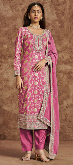 Pink and Majenta color Salwar Kameez in Jacquard fabric with Embroidered, Thread, Weaving, Zari work