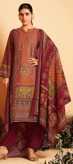 Orange, Red and Maroon color Salwar Kameez in Muslin fabric with Digital Print, Foil Print, Stone, Thread, Zari work