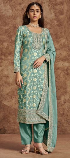 Blue color Salwar Kameez in Jacquard fabric with Embroidered, Thread, Weaving, Zari work