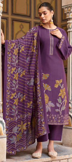 Purple and Violet color Salwar Kameez in Muslin fabric with Digital Print, Embroidered, Foil Print, Printed work